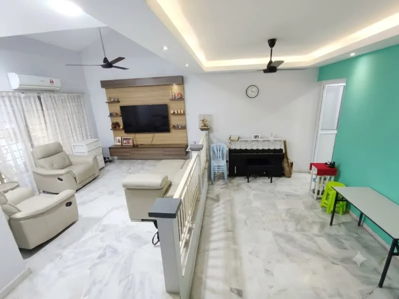 Living features: marble flooring, white painted walls, green accent wall, wooden feature wall with TV unit, ceiling with recessed lighting, 2 ceiling fans, large windows with sheer curtains, sofa set in beige, piano, small dining table, colorful children's chairs, clock on wall; style: modern.