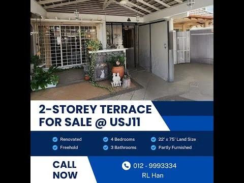 Exterior type: linked terrace house; features: 2-storey structure, renovated facade, covered porch area, paved walkway, decorative garden feature, metal gate, grilled windows, sliding door, gabled roof, white painted walls, fenced perimeter; style: modern.