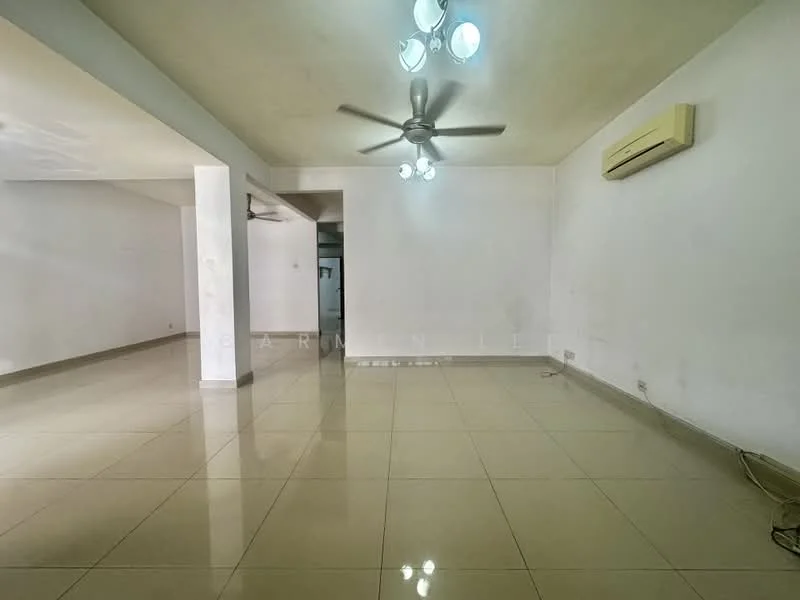 Living features: white painted walls, glossy ceramic tile flooring, 5-blade ceiling fan with light, wall-mounted split AC, recessed downlights, large open space, neutral color scheme, no visible furniture; style: modern.