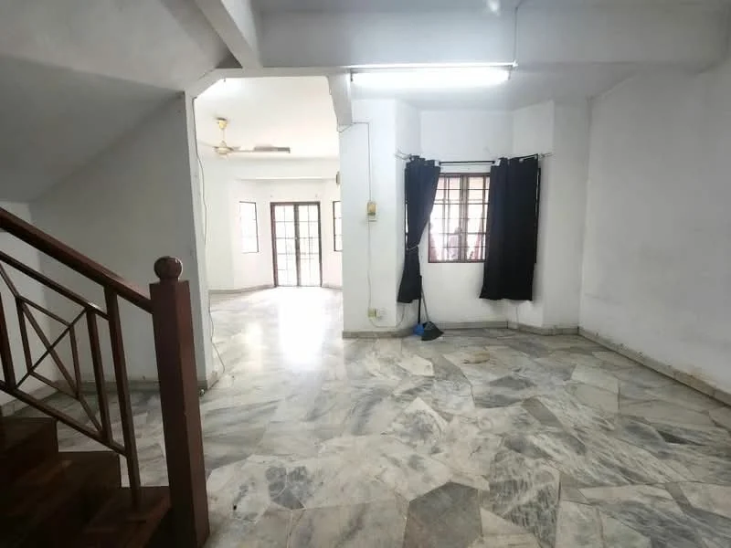 Living features: white painted walls, marble flooring, ceiling fan, large windows with black curtains, staircase with wooden railing, recessed lighting, open layout, natural light from multiple windows.