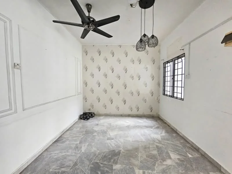 Room features: white painted walls, feature wallpaper with floral pattern, marble tile flooring, 5-blade ceiling fan, pendant lighting with glass shades, window with black metal grille, corner shelf, decorative wall paneling; style: modern.