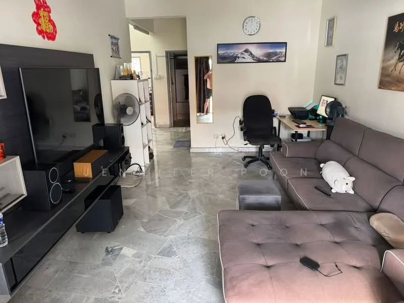 Living features: grey fabric sectional sofa, coffee table, large flat-screen TV, TV console, wall-mounted fan, marble tile flooring, decorative wall art, clock on wall, computer desk with chair, white bear plush toy, open shelving unit, light-colored walls; style: modern.