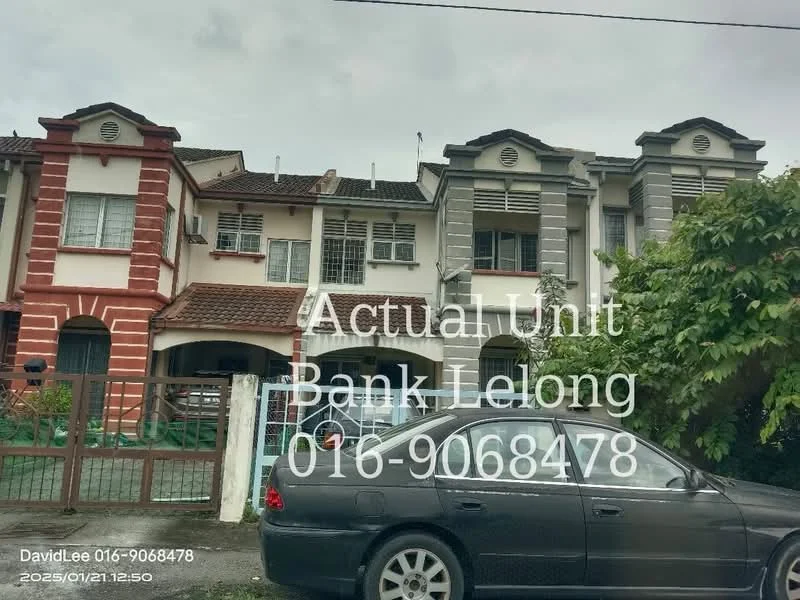 Exterior type: linked terrace house; features: red brick facade, grey painted facade, gabled roof, two-storey, front garden with shrubs, driveway with parked car, window grilles, porch area; style: traditional.