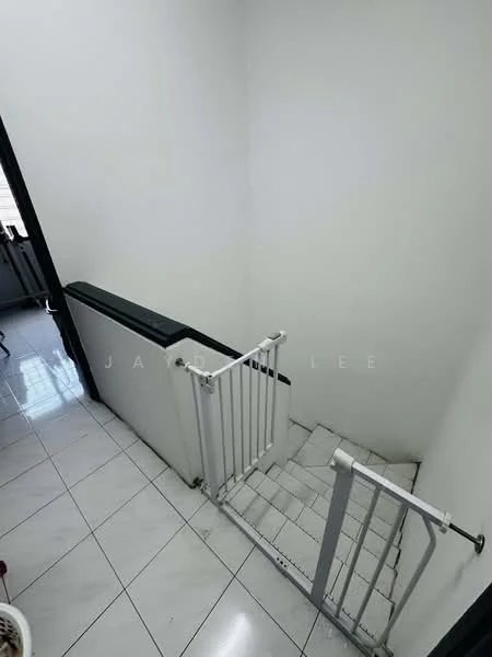 Room features: white painted walls, white tiled flooring, staircase with railing, natural light from window, minimalist design; style: minimalist.