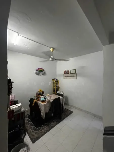 Dining features: white painted walls, tile flooring, 5-blade ceiling fan, dining table with tablecloth, yellow shelving unit, decorative wall art, area rug with geometric pattern, chairs around the table, flower vase on the table.