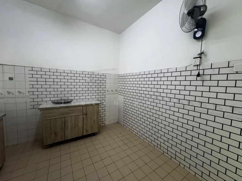 Kitchen features: white tiled walls, black and white tiled backsplash, wooden cabinetry, single-bowl sink, wall-mounted fan, cream ceramic floor tiles, counter space, exposed electrical outlets; style: minimalist.