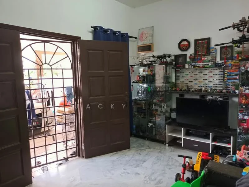 Room features: double wooden doors, marble flooring, white walls, glass display cabinets, television unit, various toys and collectibles, curtains, decorative wall art; style: modern.