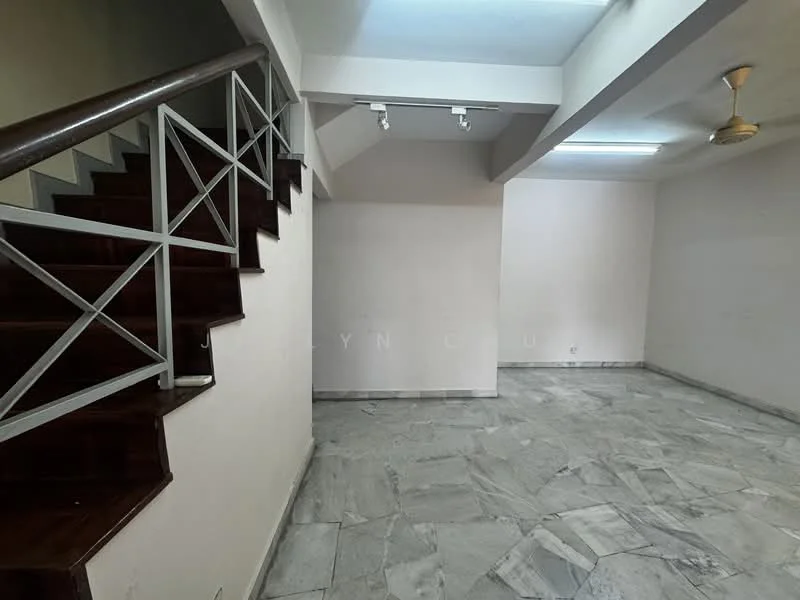 Room features: marble flooring, white painted walls, staircase with wooden railing, recessed downlights, ceiling fan, corner lighting, open layout, natural light from windows; style: modern.