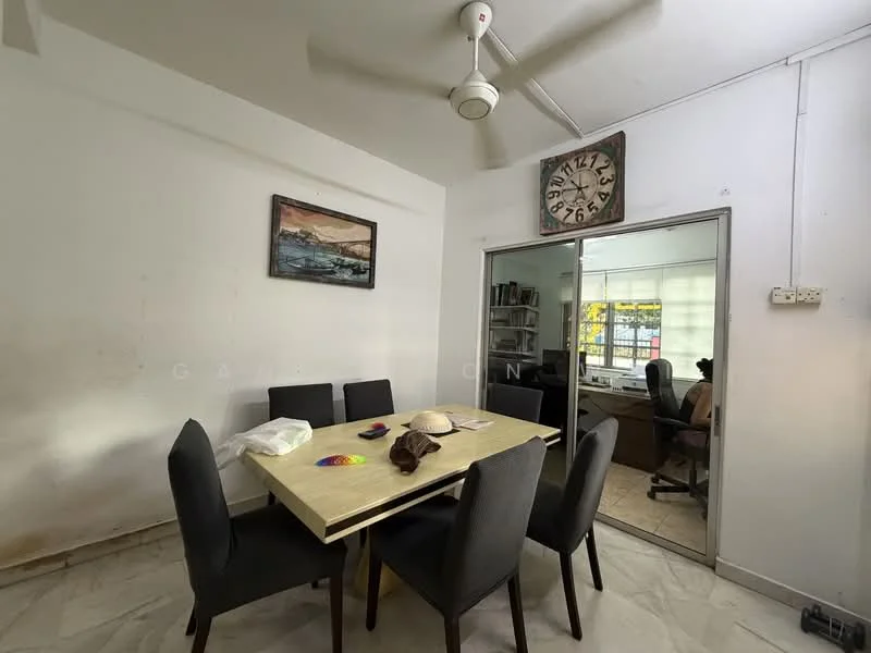 Dining features: rectangular dining table, 6 upholstered dining chairs in grey, ceiling fan, wall clock, framed artwork, white painted walls, marble flooring, window with natural light; style: modern. Room features: office desk, bookshelves, computer monitor, window with natural light.