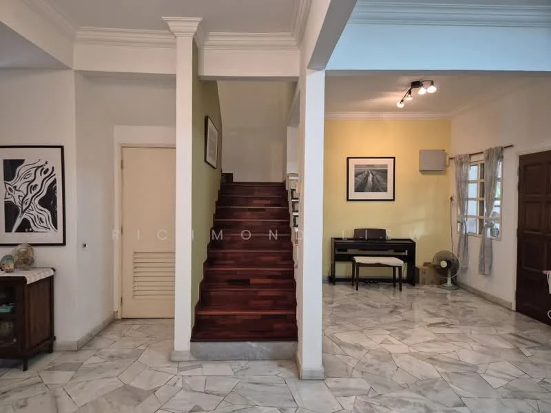 Living features: marble flooring, white painted walls, crown moulding, staircase with wooden steps, ceiling lights, window with curtains, piano, wall-mounted fan, decorative artwork, wooden cabinet; style: contemporary.
