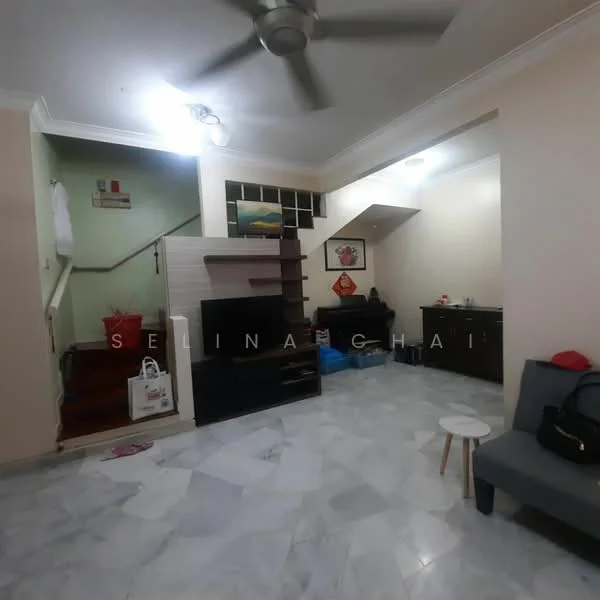 Living features: marble tile flooring, white painted walls, ceiling fan, wall-mounted TV, black TV console, grey fabric sofa, small round side table, staircase leading to upper floor, decorative wall art, built-in shelving unit, light fixture on ceiling; style: modern.