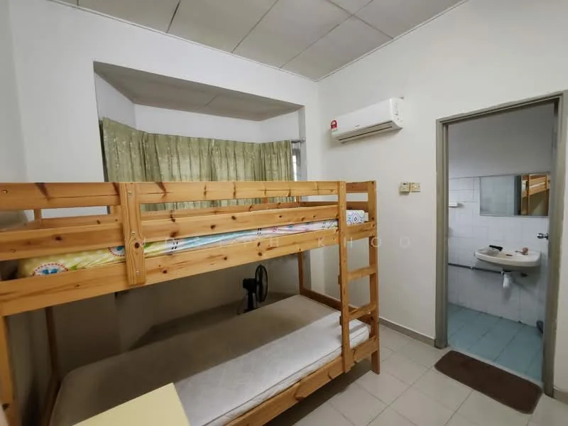 Bedroom features: bunk bed with wooden frame, mattress on lower bunk, air conditioning unit, white painted walls, tiled flooring, curtains, built-in wardrobe, doorway leading to bathroom. Bathroom features: toilet, sink, tiled walls, tiled flooring, mirror, light fixture.