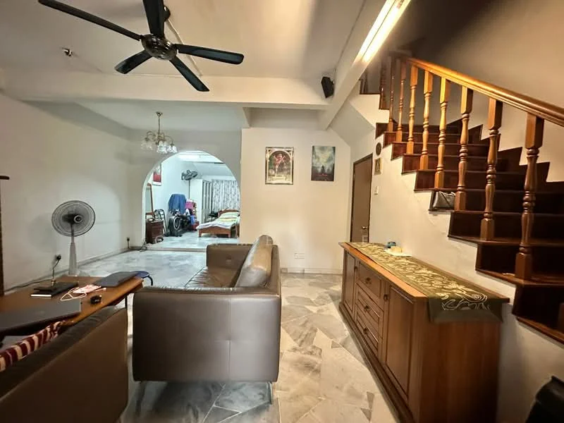 Living features: 3-seater leather sofa, ceiling fan, marble flooring, wooden sideboard, wall-mounted artwork, arched doorway, decorative chandelier, floor lamp, curtains, open staircase; style: contemporary. Room features: white painted walls, grey accent wall, window with curtains.