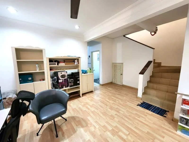Room features: laminate flooring, white painted walls, ceiling with recessed lighting, staircase leading to upper floor, built-in shelving unit, open space layout, doorway leading to another room, window with natural light, blue area rug; style: modern.