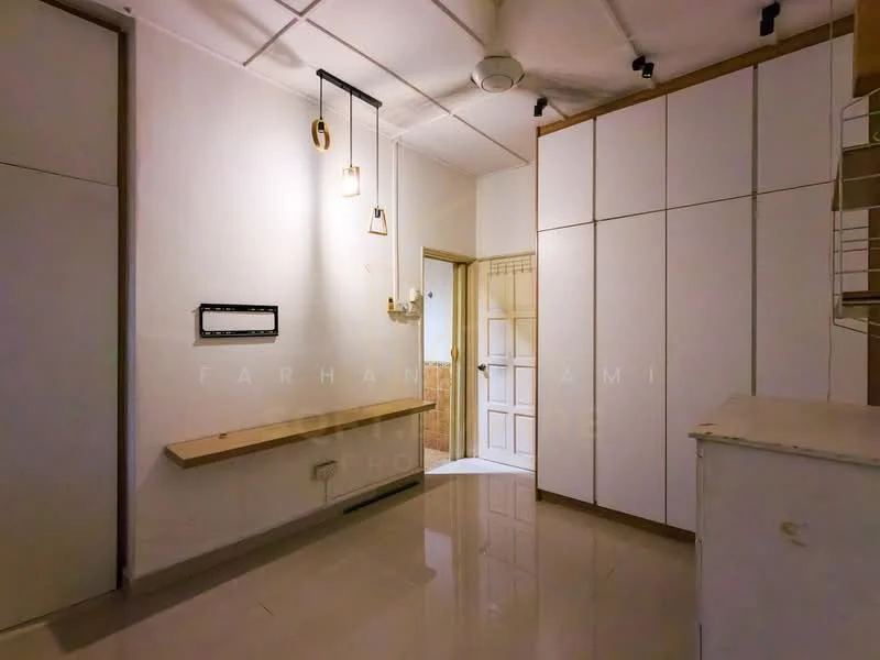 Room features: white painted walls, glossy tile flooring, ceiling with recessed lighting, wooden shelf, built-in white cabinetry, door with panel design, hanging pendant light, wall-mounted electrical outlet; style: modern.