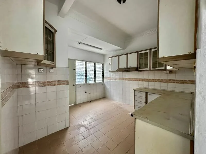 Kitchen features: white tiled walls, cream tiled backsplash, light brown tiled flooring, wood cabinetry with glass-front upper cabinets, countertop with built-in sink, window with horizontal slats, door leading outside, ceiling with exposed beams, fluorescent ceiling light; style: minimalist.