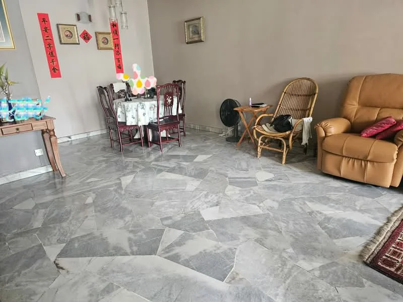Living features: grey marble flooring, light grey painted walls, dining table with chairs, wooden dining chairs, decorative wall art, ceiling fan, rattan chair, leather sofa, area rug, table with decorative items; style: traditional.
