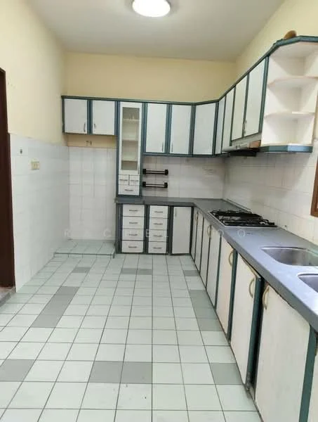 Kitchen features: white cabinetry with blue trim, laminate countertop, double-bowl stainless-steel sink, chrome pull-down faucet, built-in gas hob, wall-mounted cabinets, open shelving, white tiled backsplash, ceramic tile flooring in light green, window with wooden frame, fluorescent ceiling light; style: traditional.