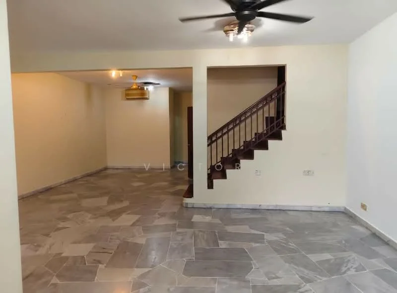 Living features: marble flooring, cream painted walls, ceiling fan with light, wall-mounted light fixture, staircase with wooden railing, open layout to adjacent room, recessed lighting, neutral decor; style: modern.