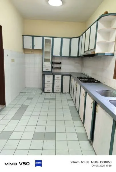 Kitchen features: white tiled walls, light green tiled flooring, blue and white cabinetry, built-in upper cabinets, lower cabinets with handles, stainless-steel gas hob, exhaust hood, double-basin sink, countertop space, open shelving, wall-mounted cabinet, window above sink; style: traditional.
