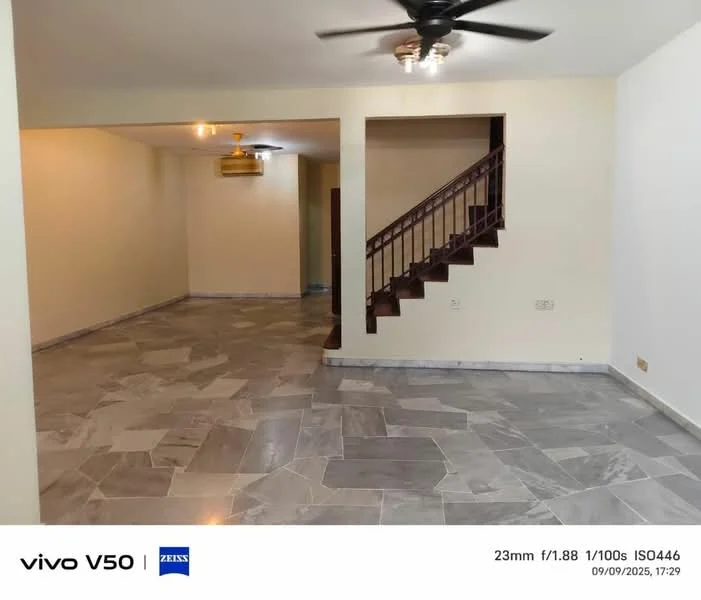 Living features: marble tile flooring, cream painted walls, ceiling fan, staircase with wooden railing, recessed ceiling lights, open layout, large windows, neutral color palette; style: modern.