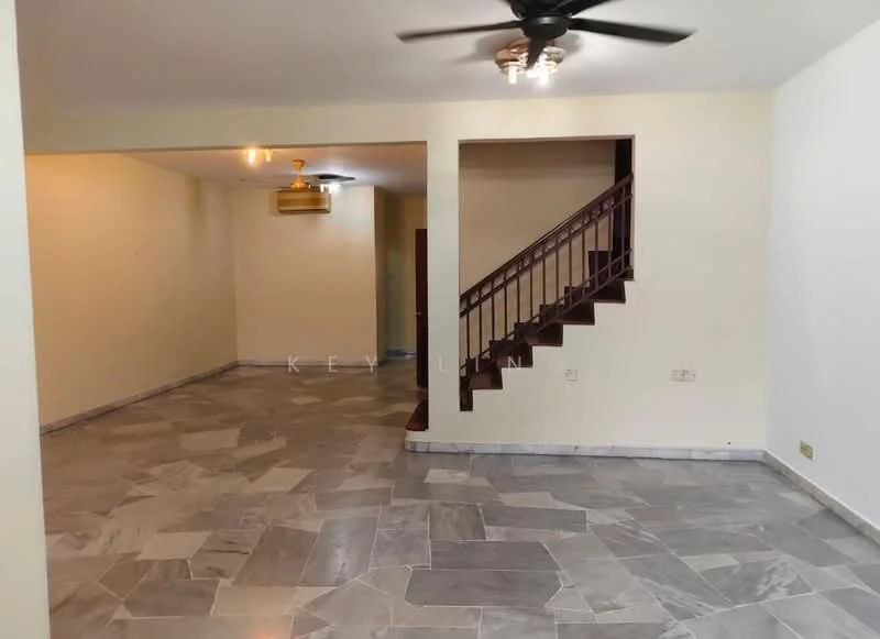 Living features: marble tile flooring, white painted walls, ceiling fan with light, staircase with wooden railing, recessed ceiling lights, open layout, corner for potential dining area, natural light from windows; style: modern.