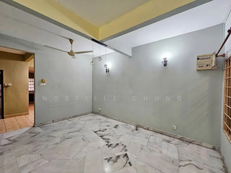 Room features: marble flooring, grey painted walls, ceiling fan, recessed downlights, wall-mounted light fixtures, exposed ceiling beams, air conditioning unit, window with no visible treatment; style: modern.