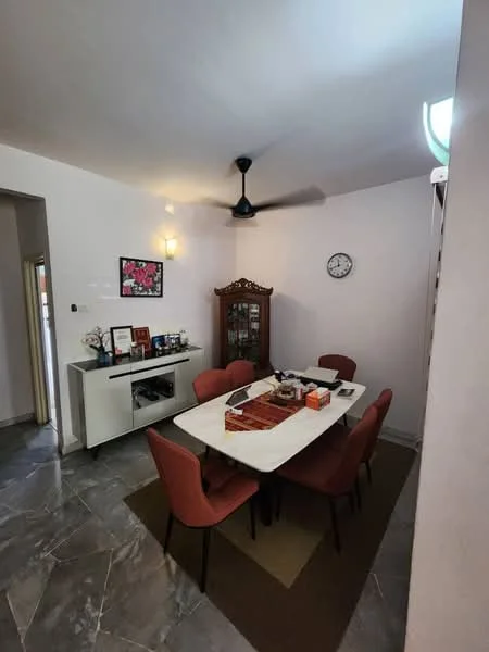 Dining features: marble tile flooring, white painted walls, 5-blade ceiling fan with light, round dining table with marble top, 6 upholstered dining chairs in red, decorative wall clock, framed artwork on wall, sideboard cabinet with glass doors, area rug with neutral color; style: modern.
