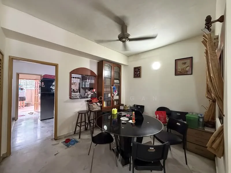 Dining features: round dining table, black dining chairs, ceiling fan, white painted walls, marble flooring, decorative wall art, wooden sideboard, window with wooden shutters; style: modern. Room features: doorway leading to another room, visible flooring continuation.