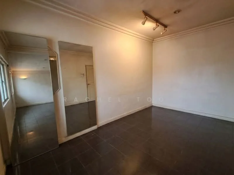 Room features: white painted walls, black tile flooring, track lighting, two large mirrors, window with no visible treatment, corner entry door.