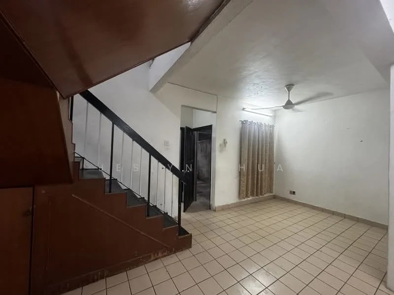 Living features: white painted walls, tile flooring, ceiling fan, window with sheer curtains, staircase with wooden railing, light fixture on ceiling.