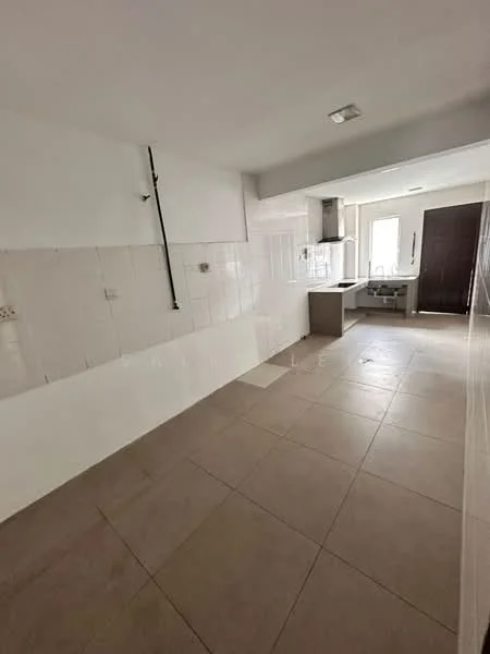 Kitchen features: white tiled walls, cream floor tiles, window for natural light, stainless-steel sink, kitchen countertop, built-in cabinetry, extraction hood, open layout; style: modern.
