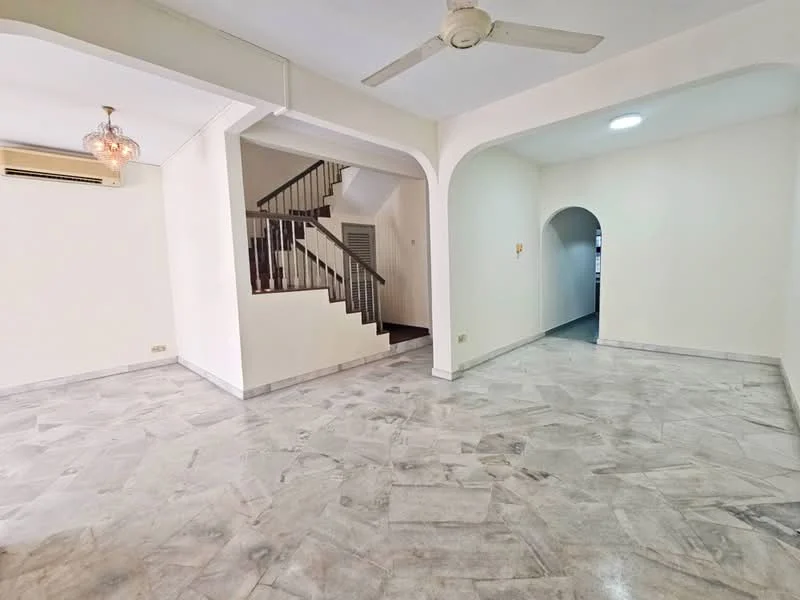 Living features: marble flooring, white painted walls, 5-blade ceiling fan, chandelier, arched doorways, staircase with metal railing, air conditioning unit, recessed ceiling light; style: modern. Room features: white painted walls, marble flooring, arched doorway.