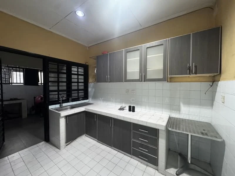 Kitchen features: grey flat-panel cabinets, white tiled backsplash, white tiled flooring, single-bowl stainless-steel sink, chrome pull-down faucet, countertop with white tiles, built-in oven, kitchen island with storage, window with metal grille, overhead lighting, open shelving, wall-mounted storage rack; style: modern.