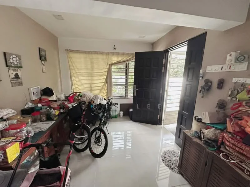 Room features: white painted walls, glossy tile flooring, large window with sheer curtains, double door entrance, bicycles, various bags and items on the floor, wooden cabinet, decorative wall hooks, rug, natural light from window; style: modern.