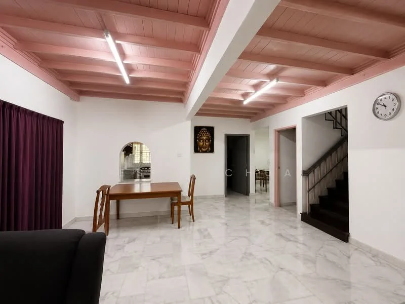 Living features: marble flooring, white painted walls, pink exposed beam ceiling, recessed LED downlights, dining table with chairs, wall clock, dark curtains, staircase, open layout; style: modern.