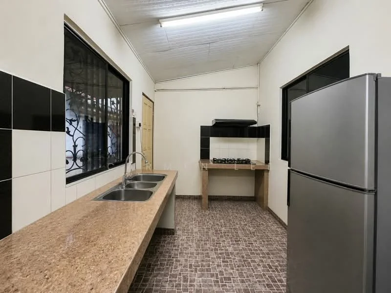 Kitchen features: granite countertop, double-bowl stainless-steel sink, chrome pull-down faucet, built-in gas hob, stainless-steel fridge, black and white tiled backsplash, wooden cabinetry, window with security grille, tile flooring, exposed ceiling, wall-mounted range hood; style: modern.