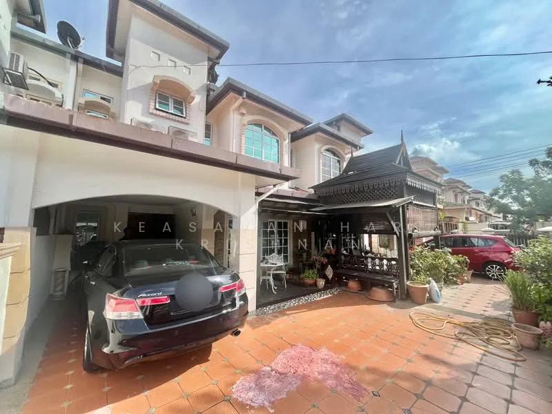 Exterior type: linked terrace house; features: car porch with awning, paved driveway, manicured garden area, decorative outdoor furniture, two-storey facade, gabled roof, visible air conditioning units, surrounding residential area, outdoor seating area; style: modern.
