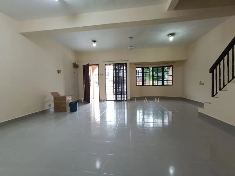 Living features: white painted walls, grey tiled flooring, ceiling fan, large windows with black metal grilles, double sliding glass doors, staircase with wooden railing, box storage, open layout; style: modern.