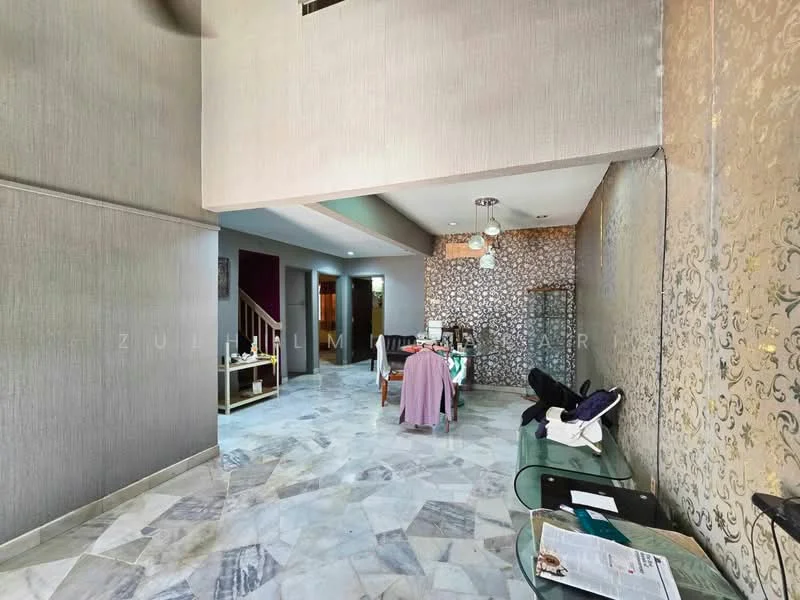 Room features: marble flooring, grey painted walls, decorative wallpaper with floral pattern, ceiling light fixture, glass console table, dining table with chairs, staircase in background, open space layout; style: modern.