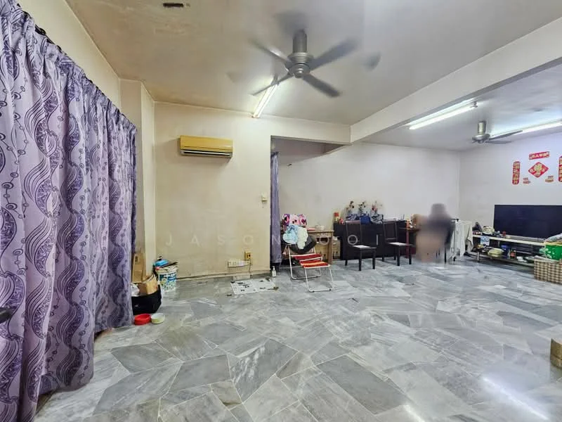 Living features: grey marble flooring, white painted walls, 5-blade ceiling fan, wall-mounted air conditioning unit, large TV console, black television, purple patterned curtains, decorative wall art, open space layout.
