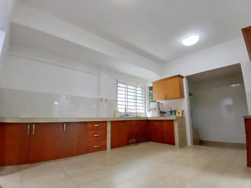 Kitchen features: L-shaped kitchen layout, brown wooden cabinetry, granite countertop, single-bowl stainless-steel sink, chrome pull-down faucet, tile backsplash, ceramic tile flooring, recessed ceiling lights, window with grille, open space leading to utility area; style: modern.