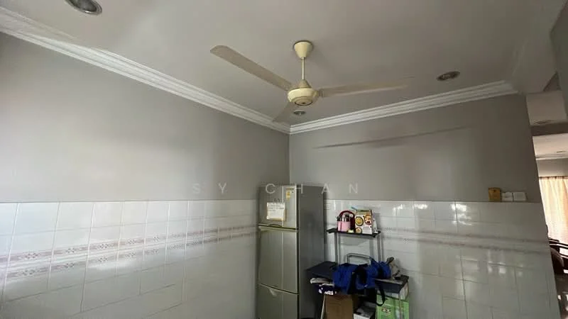 Kitchen features: grey painted walls, white tiled backsplash, stainless-steel fridge, 5-blade ceiling fan, open shelving unit, countertop, floor tiles, crown moulding.