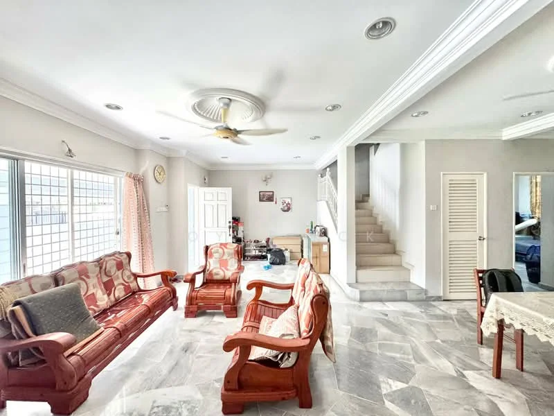 Living features: marble tile flooring, white painted walls, tray ceiling with ceiling fan, large windows with sheer curtains, 2-seater wooden sofa with cushions, 3-seater wooden sofa with cushions, coffee table, decorative wall clock, open layout to dining area, staircase leading to upper floor; style: modern.