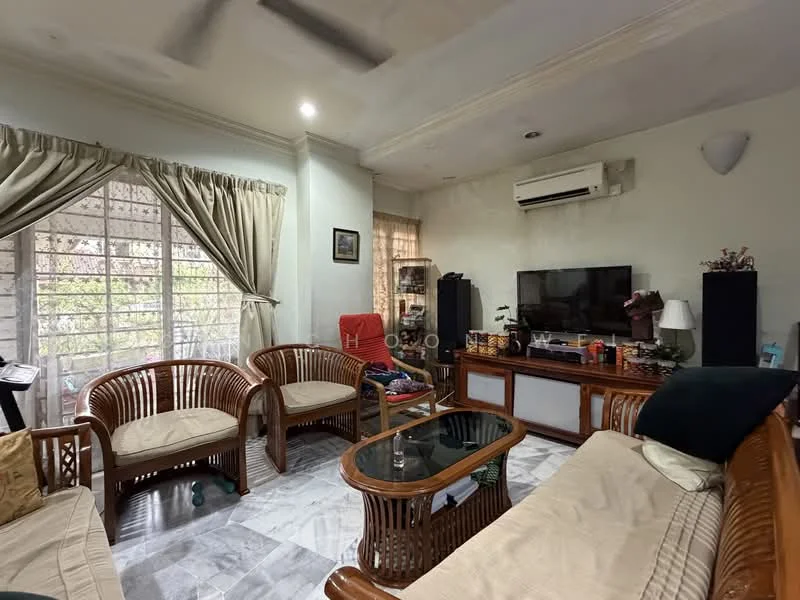 Living features: 3-seater rattan sofa, 2-seater rattan sofa, glass coffee table, marble flooring, wall-mounted TV, air conditioning unit, curtains on windows, decorative wall art, ceiling fan, built-in shelving unit; style: traditional; view: garden.