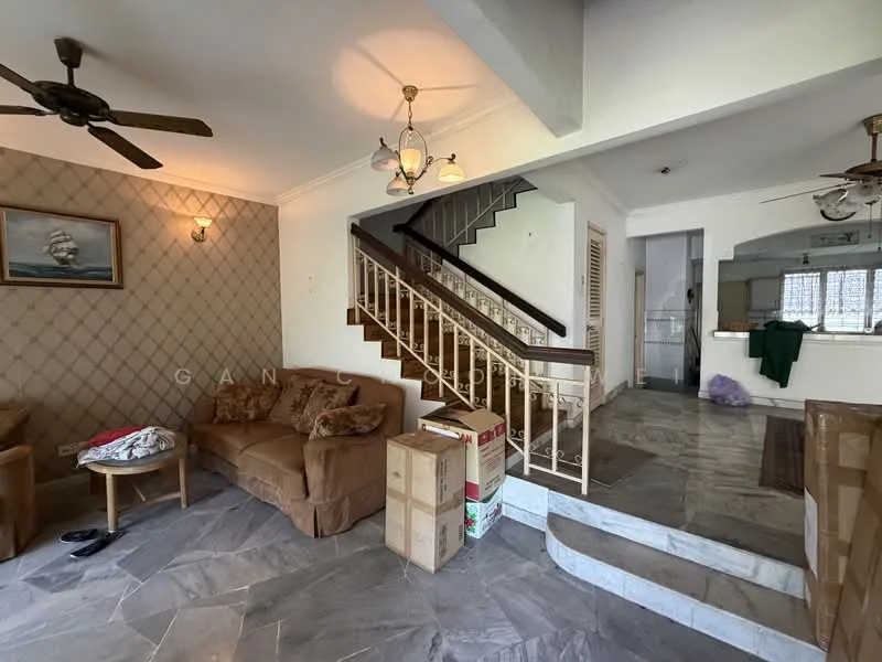 Living features: 3-seater fabric sofa in brown, coffee table, ceiling fan with light, wall-mounted artwork, textured accent wall with diamond pattern, marble flooring, recessed lighting, staircase with wooden railing; style: contemporary. Room features: open layout to kitchen, staircase leading to upper floor, box of moving supplies.