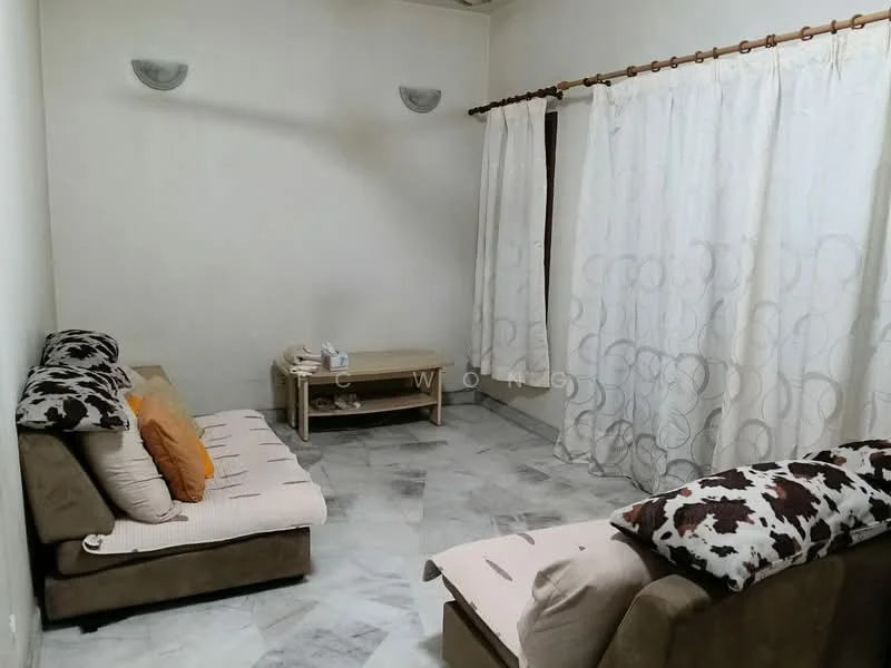 Living features: two fabric sofas in beige, decorative cushions in orange and brown, coffee table in light wood, marble flooring, white painted walls, curtains with circular pattern, wall-mounted sconces, ceiling with no visible fixtures; style: minimalist.