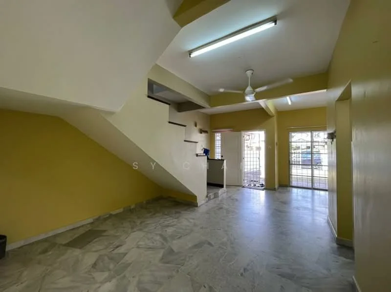 Room features: marble flooring, yellow painted walls, ceiling fan, recessed lighting, staircase with handrail, large window with view to exterior, door leading to exterior, open layout; style: modern; view: garden.