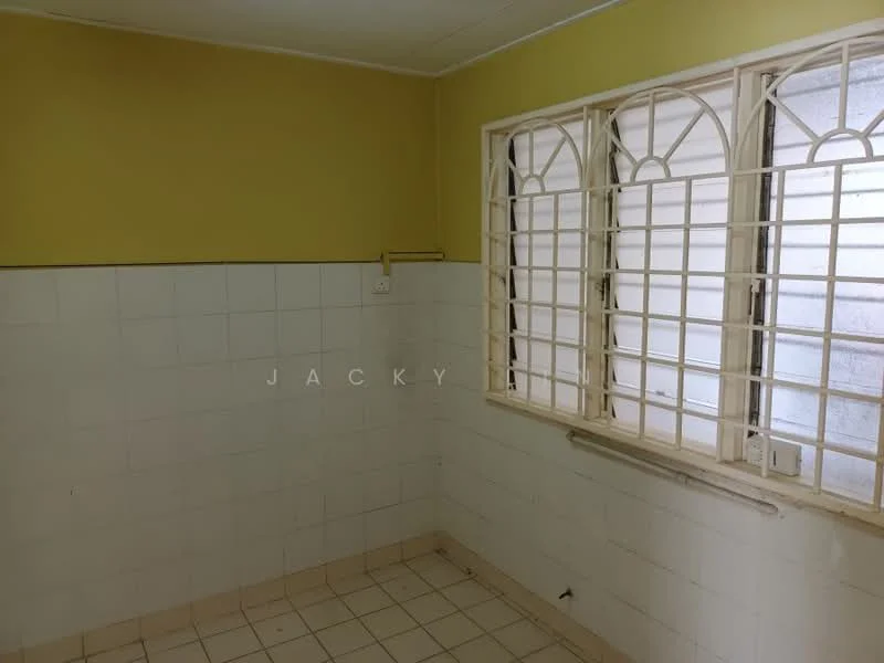 Room features: yellow painted walls, white tiled walls, white tiled flooring, grilled windows, natural light from windows.