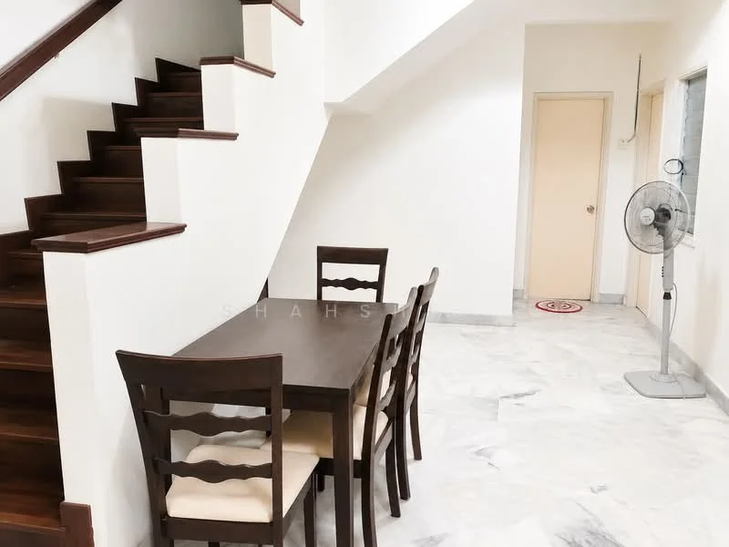 Dining features: wooden dining table, 4 dining chairs, marble flooring, white painted walls, ceiling fan, staircase with wooden steps, doorway to adjacent room, window with natural light; style: modern.